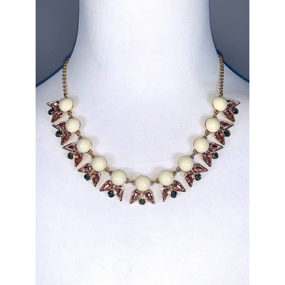 J. Crew Cream White Pink & Purple Crystal Statement Necklace EUC